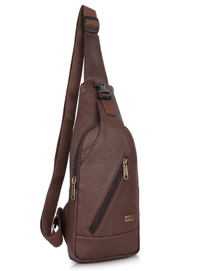 Half Moon Echelon Crossbody Sling Bag for Men Slim Vegan Leather Chest Bag for Men Women for Upto 8-inch iPad Small Shoulder Side Bag Water-resistant Mobile Passport Bag Travel Office (Phantom Brown) - Image 1